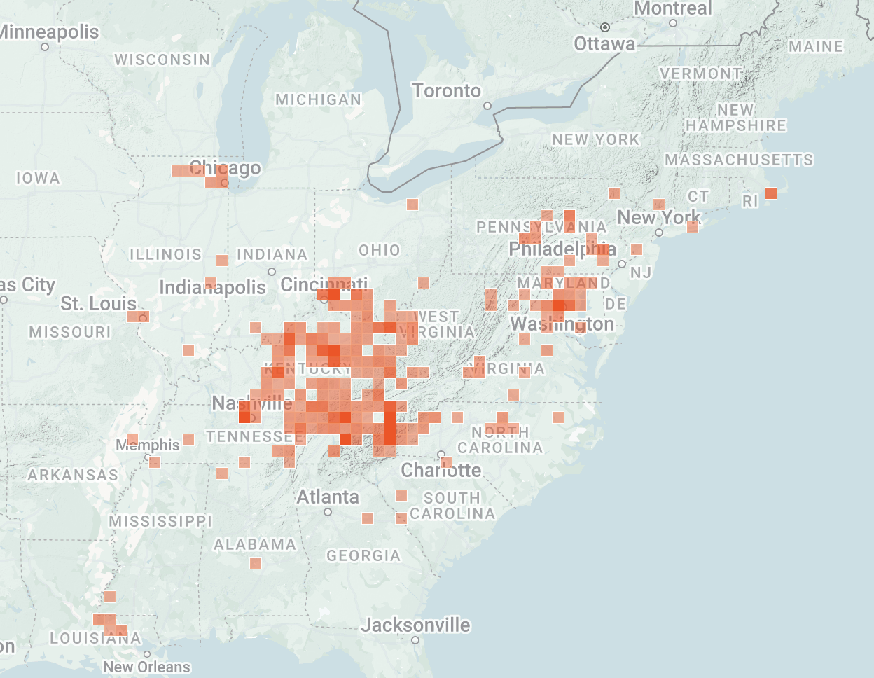A map of the eastern US showing the locations of periodical cicadas observed since April 1, 2025.