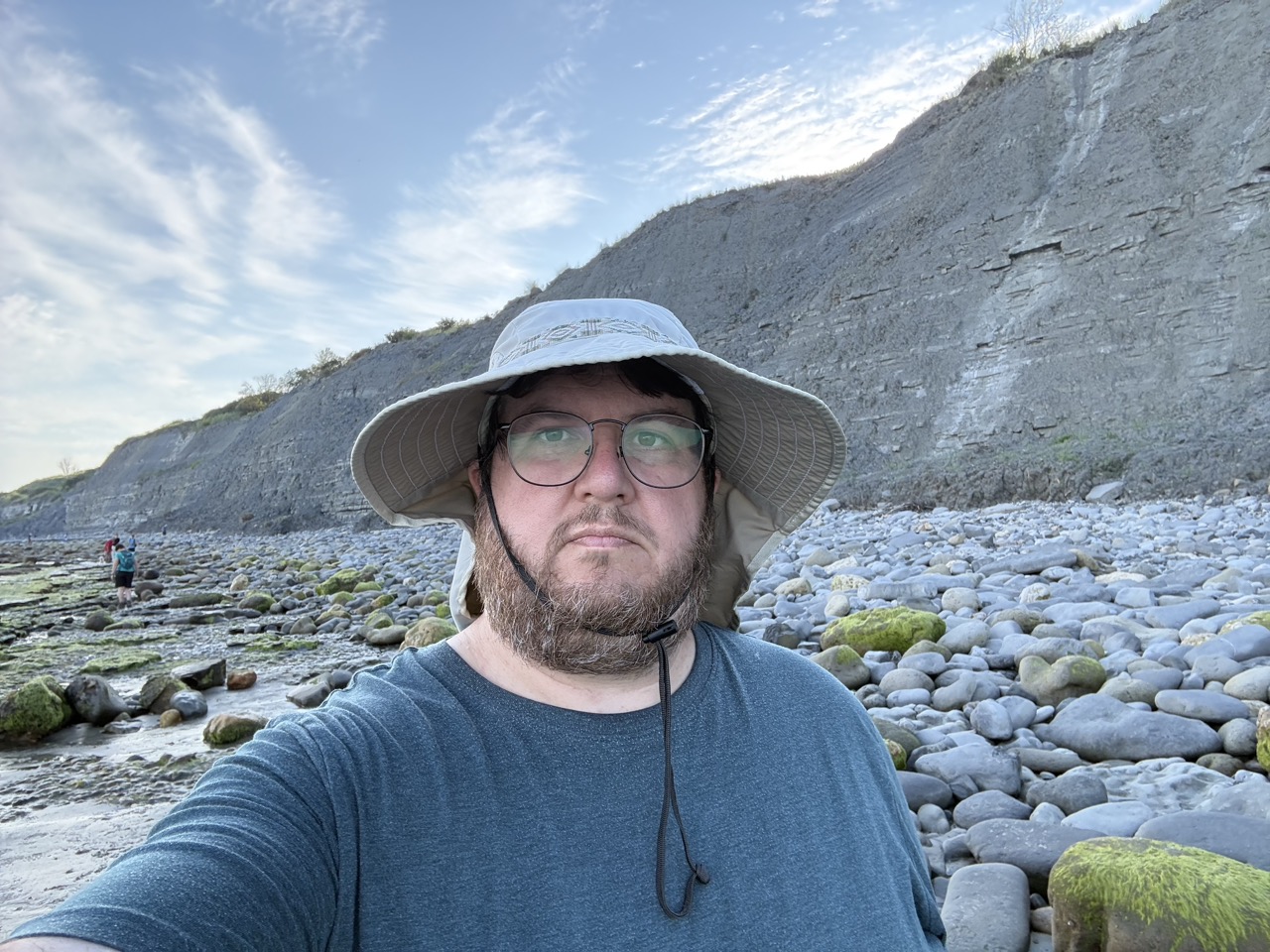 Picture of me with a beard, glasses, and floppy hat on a rocky beach