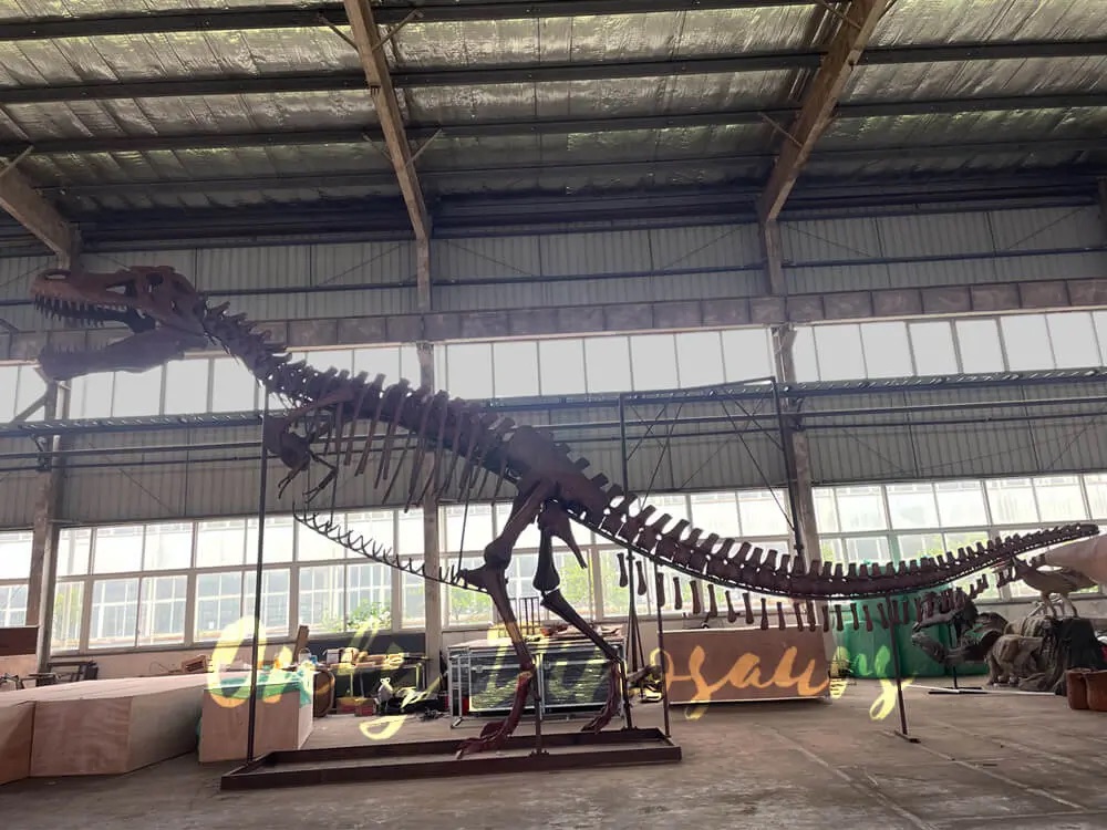 Photo of a T. rex skeleton in a warehouse