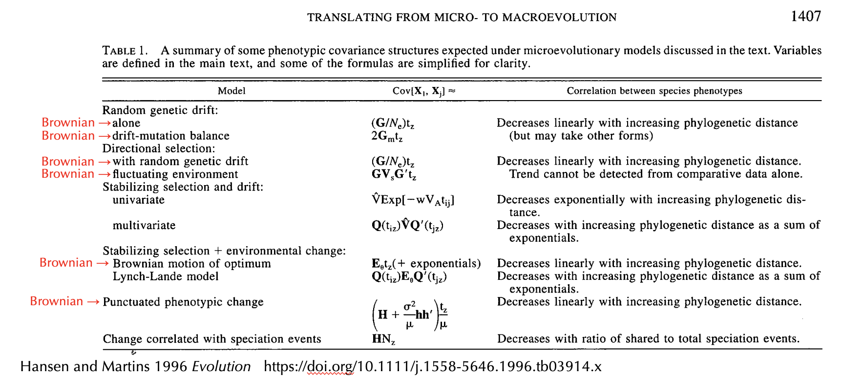 Table 1 from Hansen & Martins (1996). It shows various models such as drift-mutation balance and the expected covariance under these models. Models that boil down to 'a bunch of constants times time' are equivalent to Brownian motion (and I have annotated the table with labels showing where these are)
