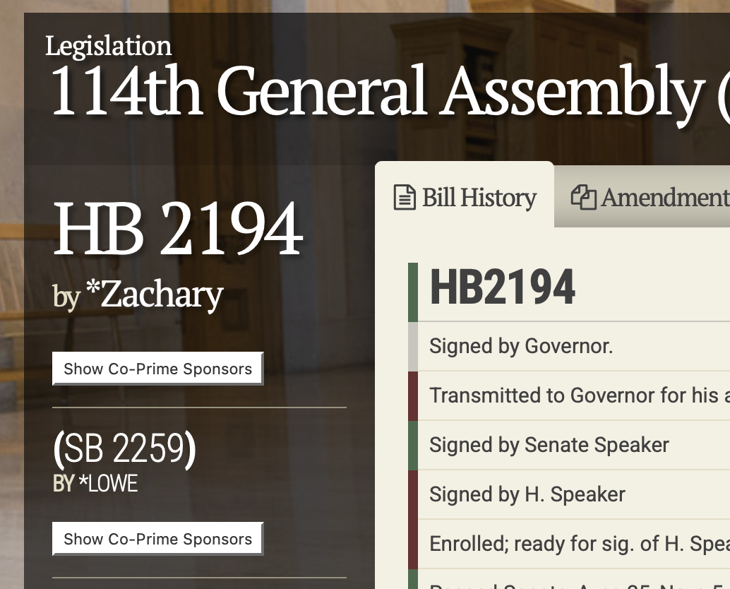 A screen shot of the top left of the bill webpage, https://wapp.capitol.tn.gov/apps/BillInfo/Default?BillNumber=HB2194&ga=114.